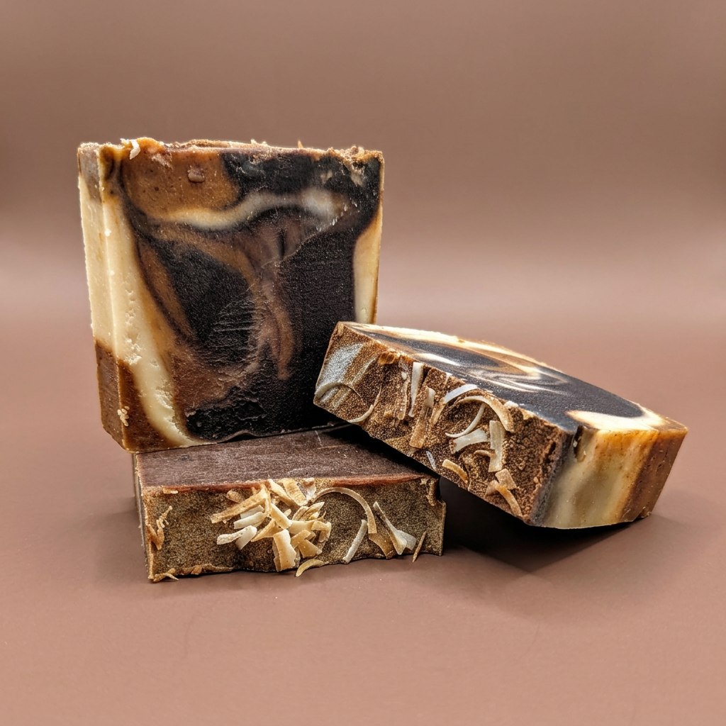 Cocoa and Turmeric stacked soaps on warm brown