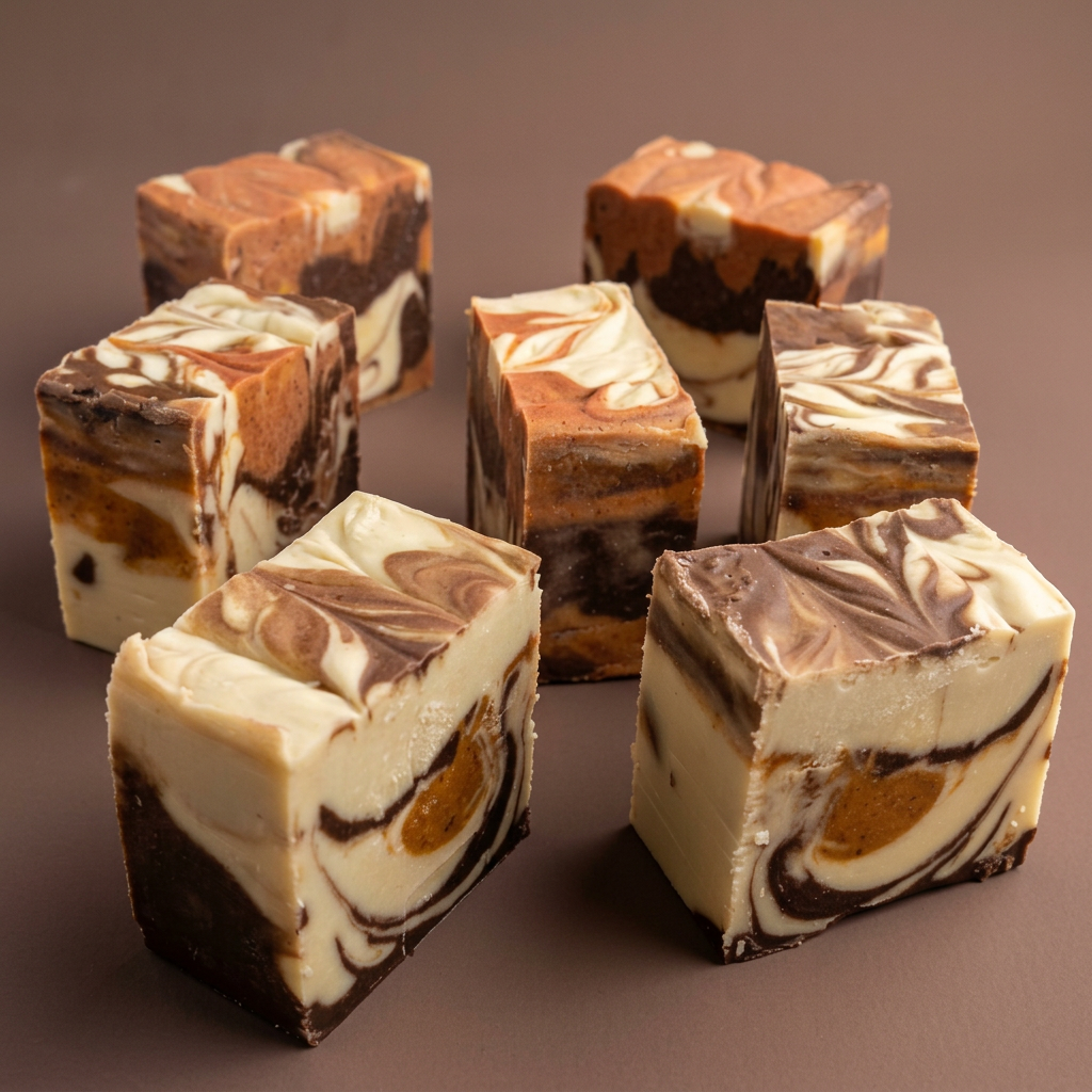 Cocoa and Turmeric soap bars showing individual marbled designs and sculpted tops.