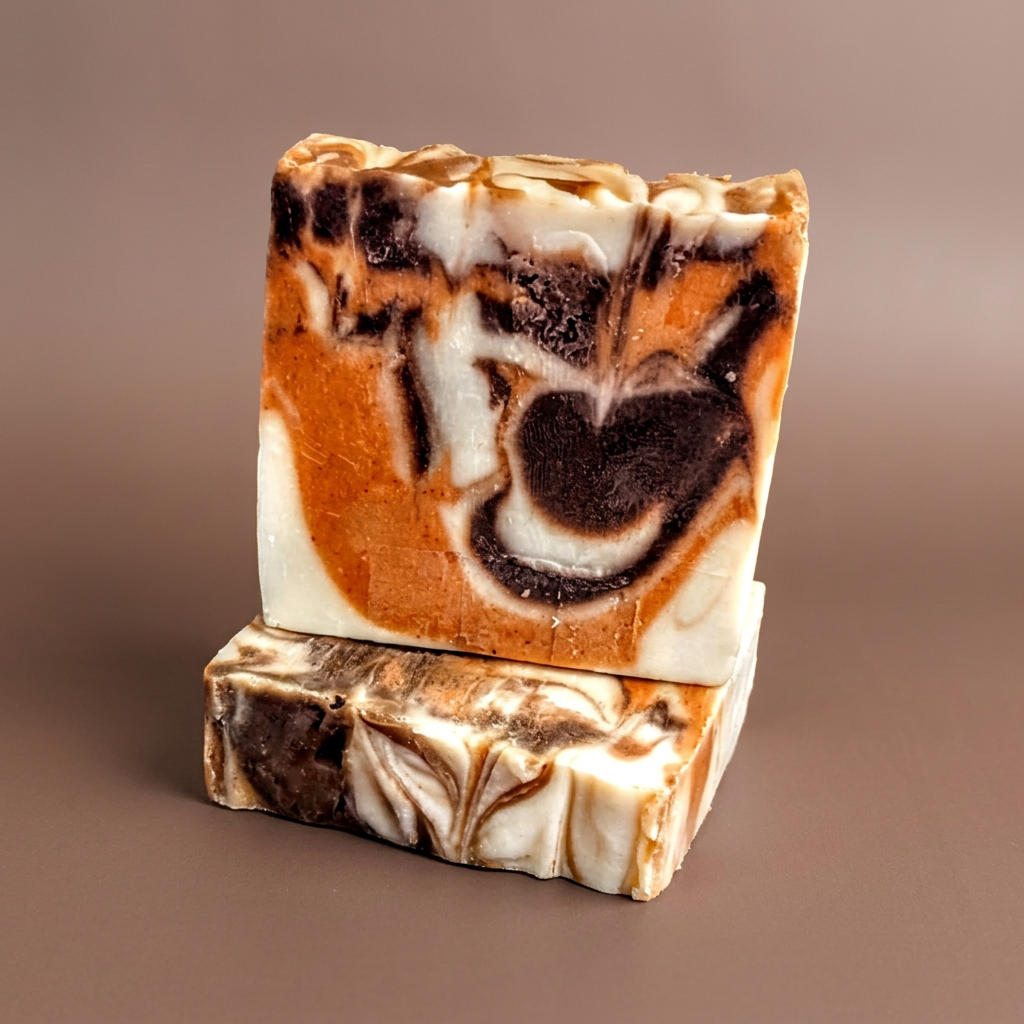 Cocoa and Turmeric soap bars with orange, cream and dark brown swirls on a warm brown background.